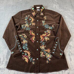 Tasha Polizzi Western Embroidered Corduroy Shirt Turquoise Snap Floral Brown L